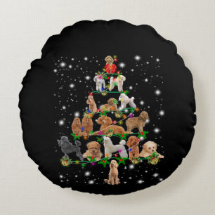 Poodle Christmas Tree Covered By Flashlight Round Pillow