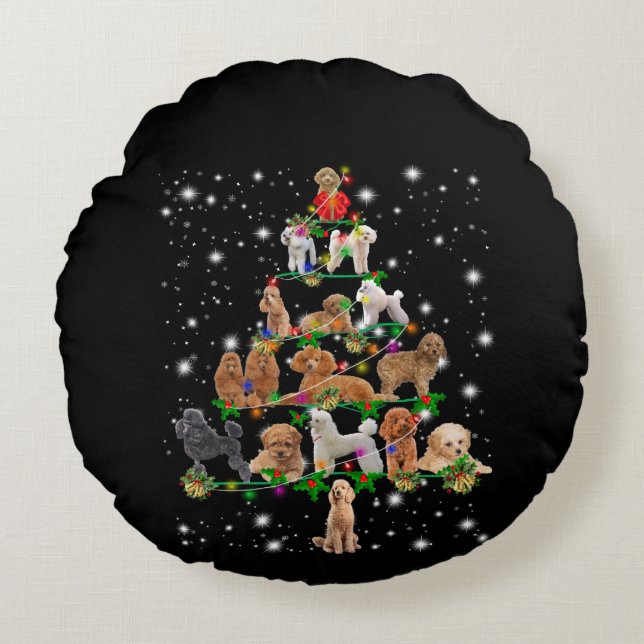 Poodle Christmas Tree Covered By Flashlight Round Pillow (Front)