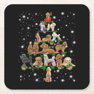 Poodle Christmas Tree Covered By Flashlight Square Paper Coaster