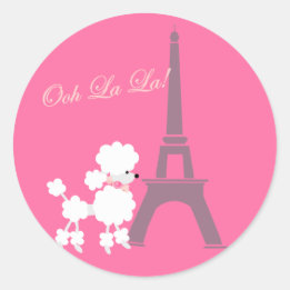 Poodle Dog and Eiffel Tower Paris Pink Grey Classic Round Sticker