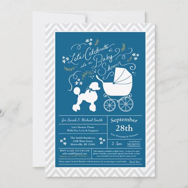 Poodle Dog Baby Shower French Blue for Boy Invitation (Front)
