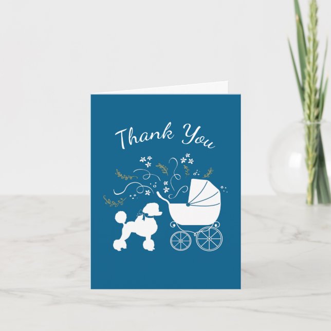 Poodle Dog Baby Shower Puppy Blue Boy Thank You Card (Front)