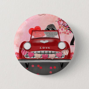 Poodle Dog Car with Hearts Valentine's   2 Inch Round Button