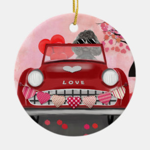 Poodle Dog Car with Hearts Valentine's Ceramic Ornament