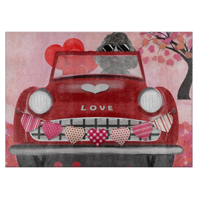 Poodle Dog Car with Hearts Valentine's Cutting Board (Front)