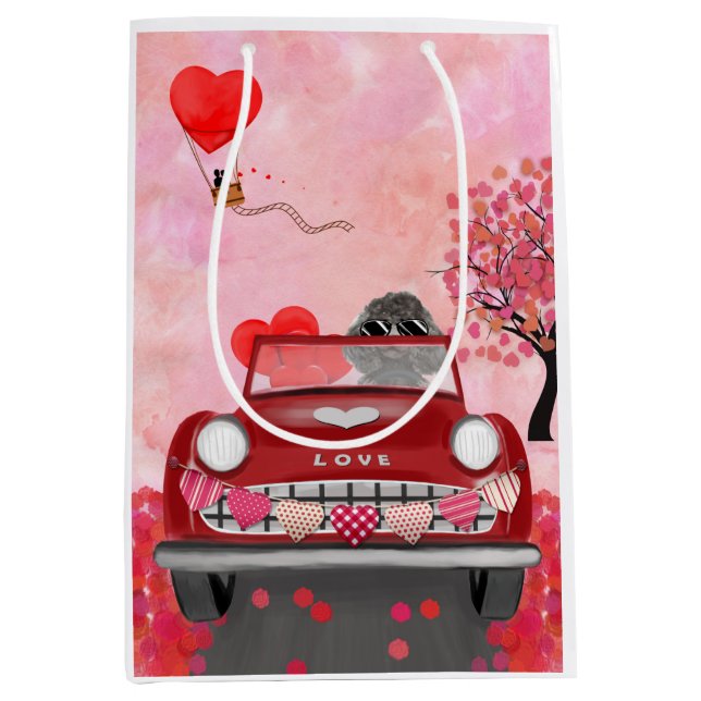 Poodle Dog Car with Hearts Valentine's  Medium Gift Bag (Front)