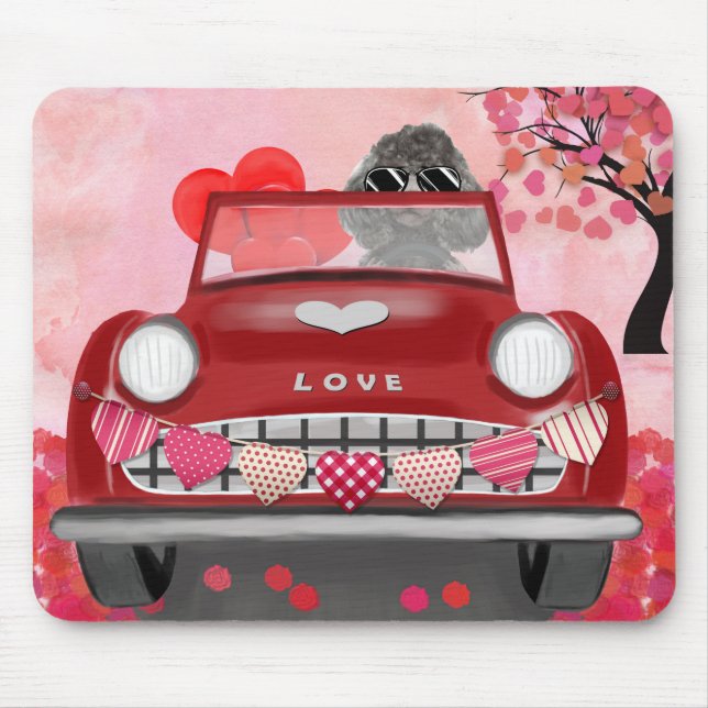 Poodle Dog Car with Hearts Valentine's Mouse Pad (Front)