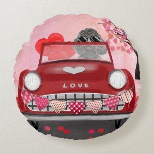Poodle Dog Car with Hearts Valentine's Round Pillow