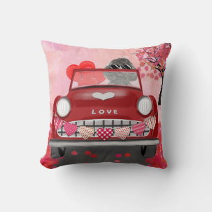 Poodle Dog Car with Hearts Valentine's Throw Pillow
