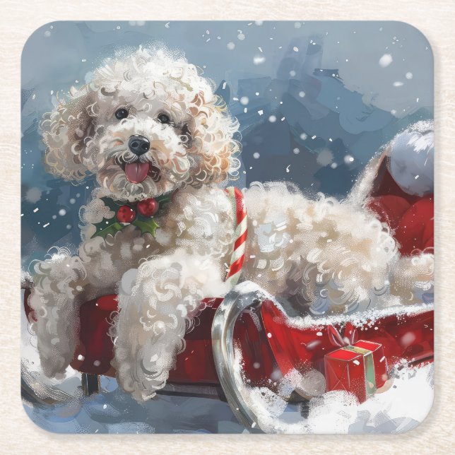 Poodle Dog Christmas Festive Square Paper Coaster (Front)