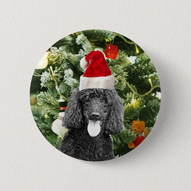 Poodle Dog Christmas Tree Snowman Red Santa Hat 2 Inch Round Button (Front)