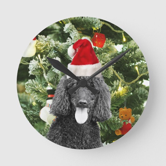 Poodle Dog Christmas Tree Snowman Red Santa Hat Round Clock (Front)