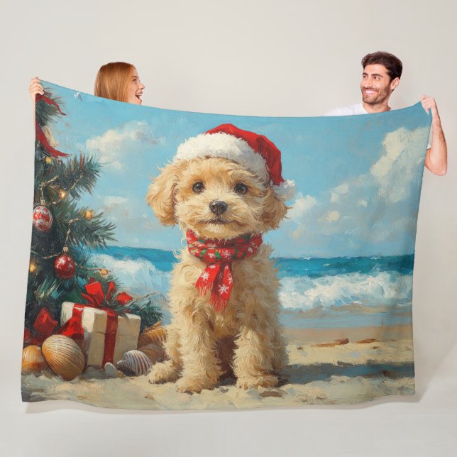 Poodle Dog Christmas Vintage Beach Fleece Blanket (In Situ)