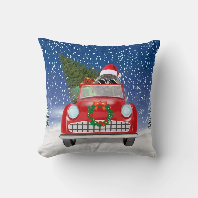 Poodle Dog Driving Car In Snow Christmas Throw Pillow (Front)