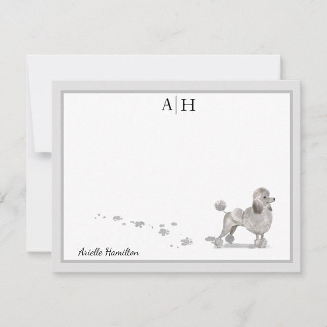 Poodle Dog Grey Border Monogram Personalized Card (Front)