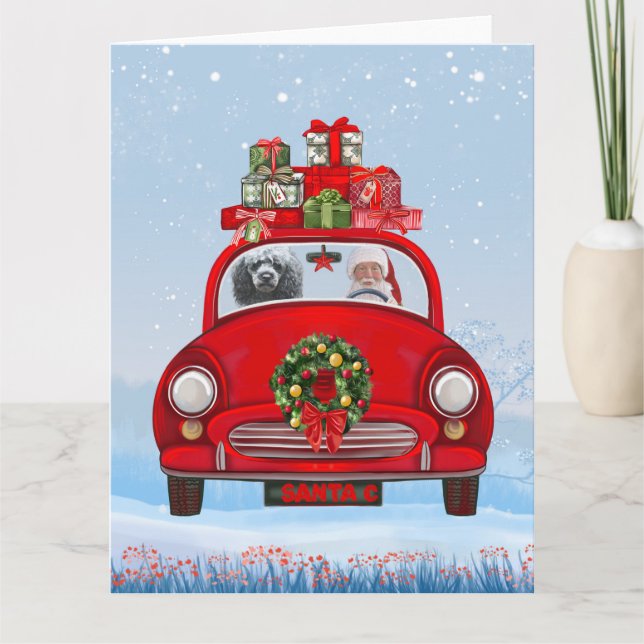 Poodle Dog In Car With Santa Claus Card (Front)