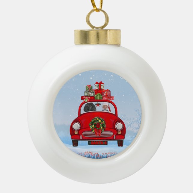 Poodle Dog In Car With Santa Claus  Ceramic Ball Christmas Ornament (Front)