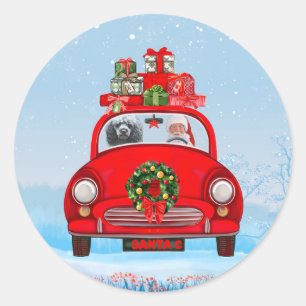 Poodle Dog In Car With Santa Claus   Classic Round Sticker