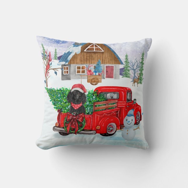 Poodle Dog In Christmas Delivery Truck Snow  Throw Pillow (Front)