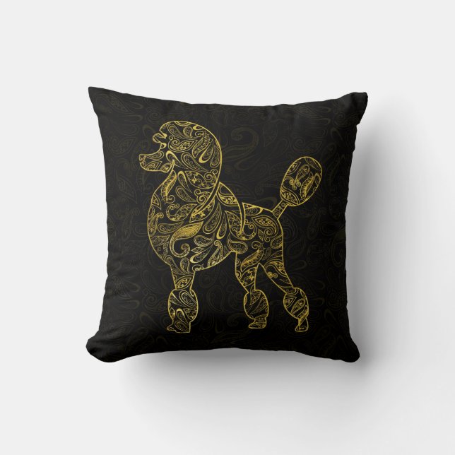 Poodle Dog in  Gold Paisley pattern Throw Pillow (Front)