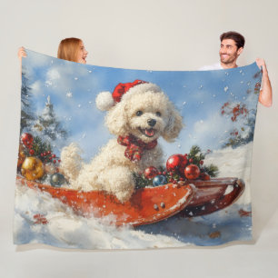 Poodle Dog in Sledge Let it Snow Christmas Fleece Blanket