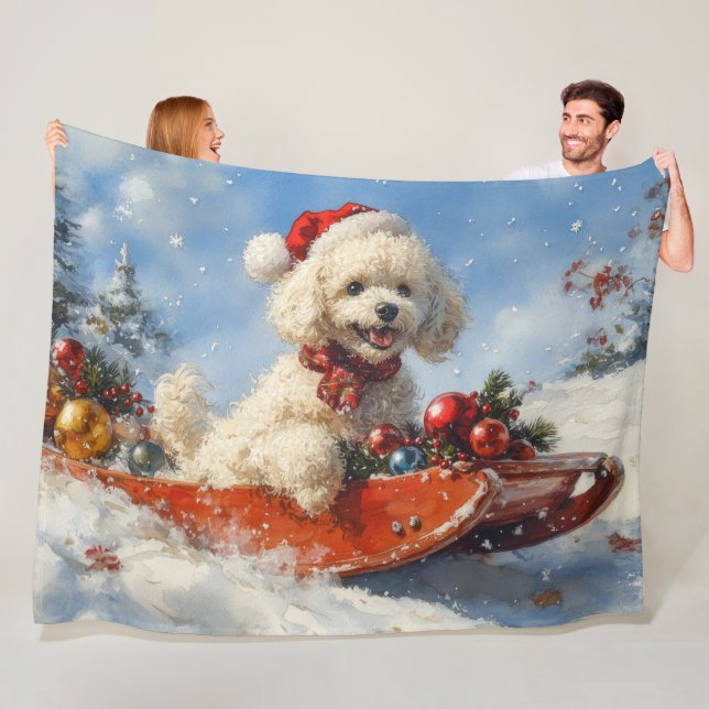 Poodle Dog in Sledge Let it Snow Christmas Fleece Blanket (In Situ)