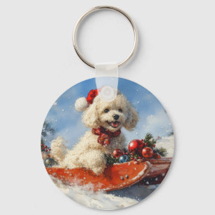 Poodle Dog in Sledge Let it Snow Christmas Keychain
