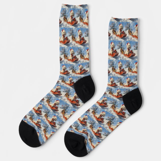 Poodle Dog in Sledge Let it Snow Christmas Socks (Left)