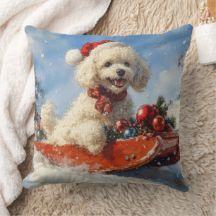 Poodle Dog in Sledge Let it Snow Christmas Throw Pillow