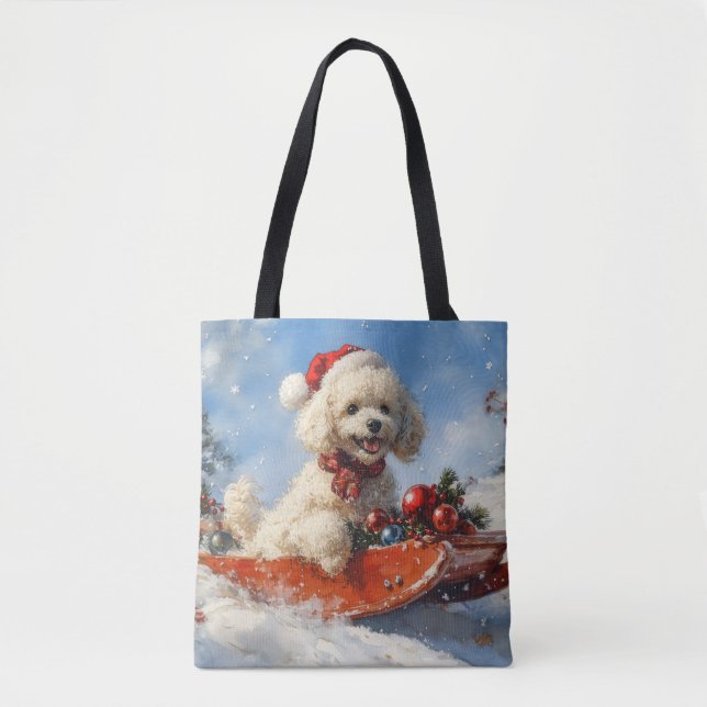 Poodle Dog in Sledge Let it Snow Christmas Tote Bag (Front)