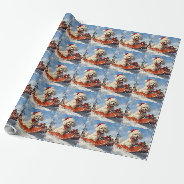 Poodle Dog in Sledge Let it Snow Christmas Wrapping Paper (Unrolled)