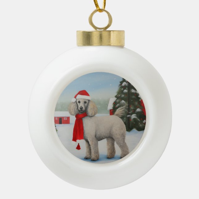 Poodle Dog in Snow Christmas Ceramic Ball Christmas Ornament (Front)