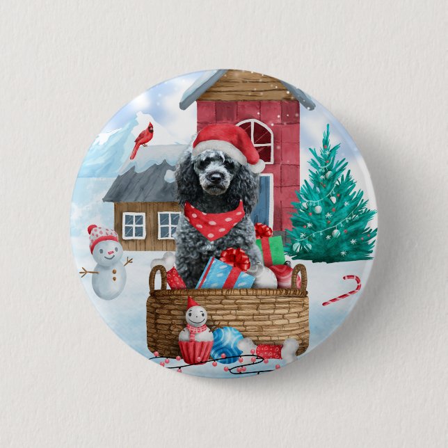 Poodle Dog In snow Christmas Dog House 2 Inch Round Button (Front)