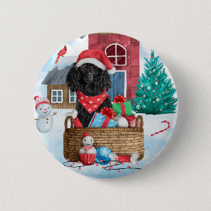 Poodle  Dog In snow Christmas Dog House  2 Inch Round Button