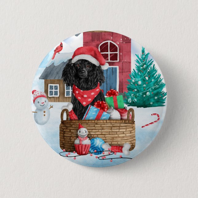 Poodle  Dog In snow Christmas Dog House  2 Inch Round Button (Front)