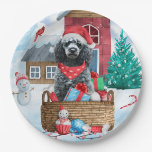Poodle Dog In snow Christmas Dog House Paper Plate