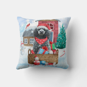 Poodle Dog In snow Christmas Dog House Throw Pillow