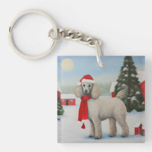 Poodle Dog in Snow Christmas Keychain