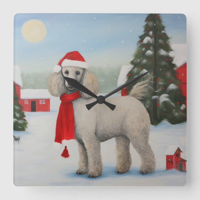 Poodle Dog in Snow Christmas Square Wall Clock (Front)