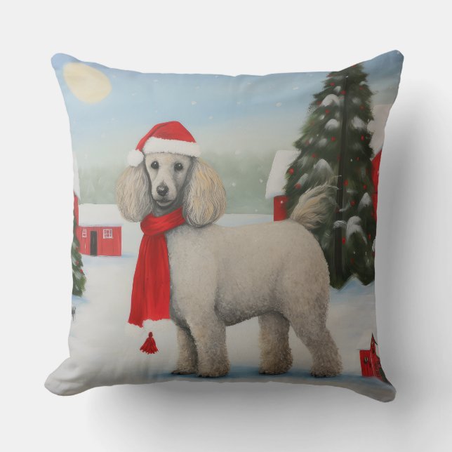 Poodle Dog in Snow Christmas Throw Pillow (Front)