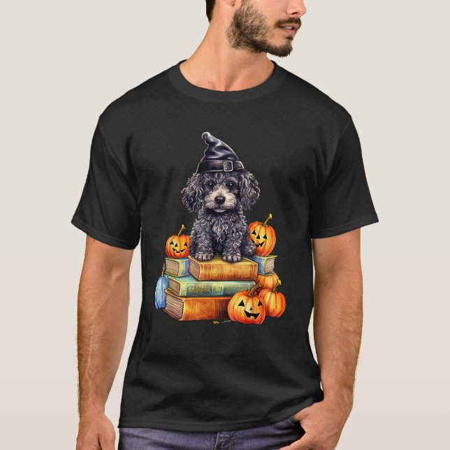 Poodle Dog On Book Pumpkin Fall Halloween Library  T-Shirt (Front)