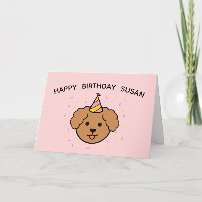 Poodle Dog | Pink & Yellow Birthday Folded Card (Front)