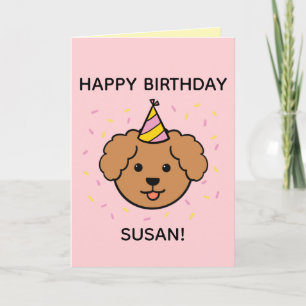 Poodle Dog Pink & Yellow Birthday Folded Card