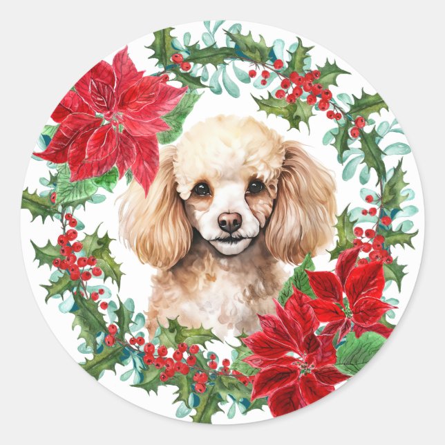 Poodle Dog Poinsettia Holly Christmas Wreath Classic Round Sticker (Front)
