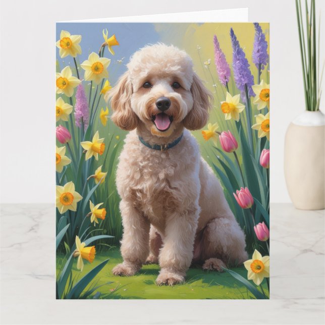 Poodle Dog Spring Flowers Painting Card (Front)