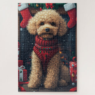 Poodle Dog With Christmas Gifts Fireplace Jigsaw Puzzle