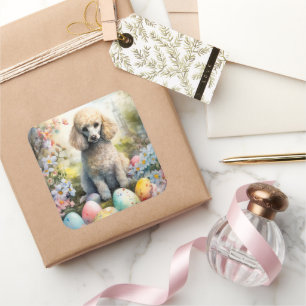Poodle Dog with Easter Eggs Holiday Square Sticker