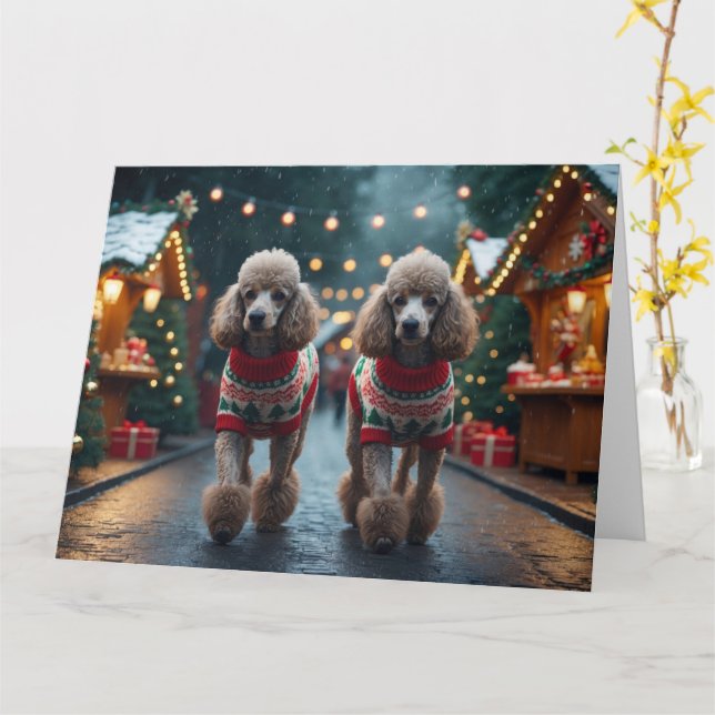 Poodle Dogs Christmas Snow Holiday Card (Yellow Flower)