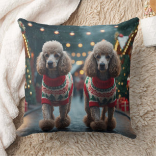 Poodle Dogs Christmas Snow Holiday Throw Pillow