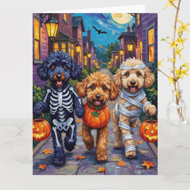 Poodle Dogs Trick-or-Treating Halloween Costumes Card (Yellow Flower)
